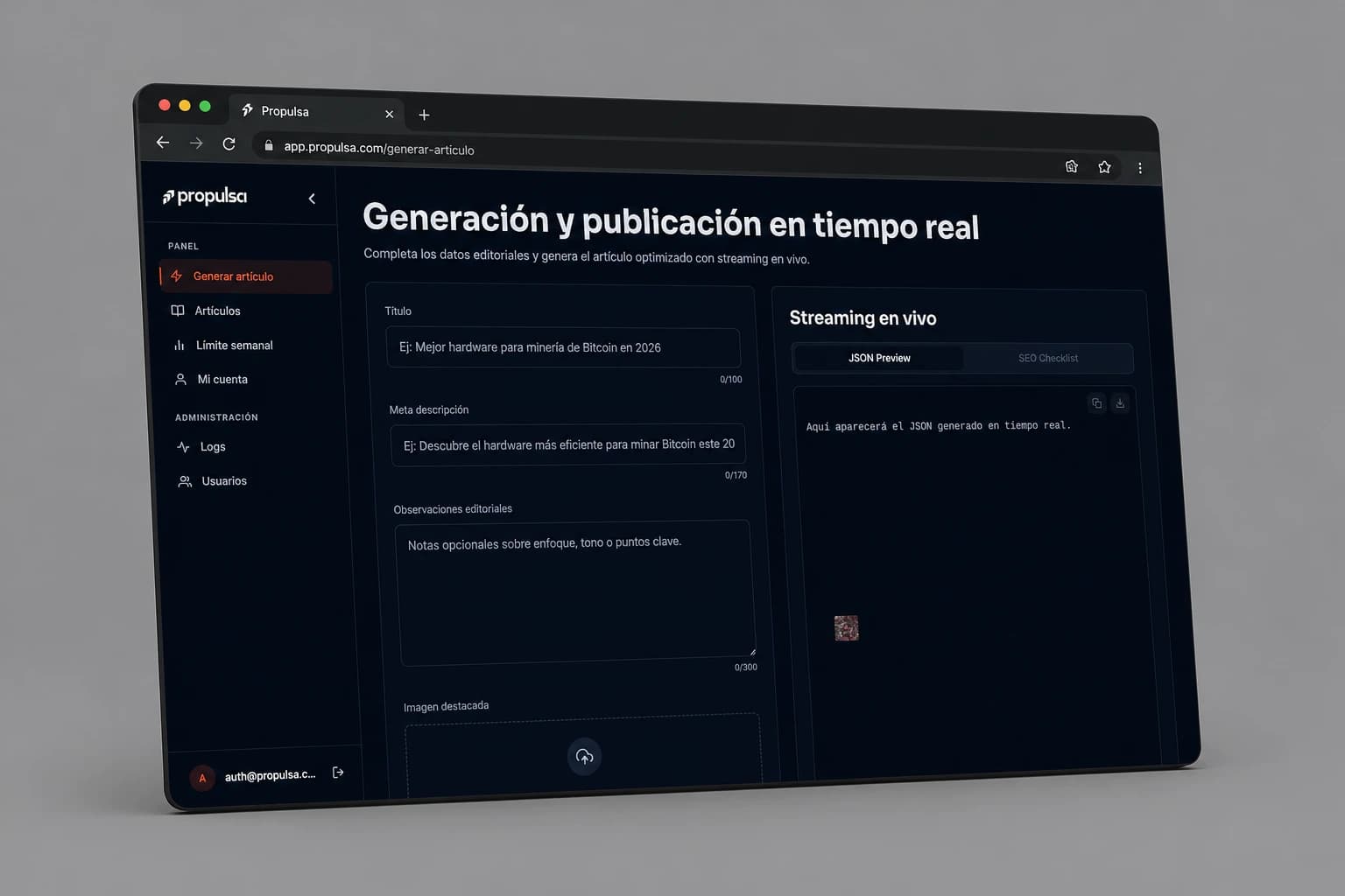 Dashboard of an AI-powered SEO article platform with automated WordPress publishing workflow