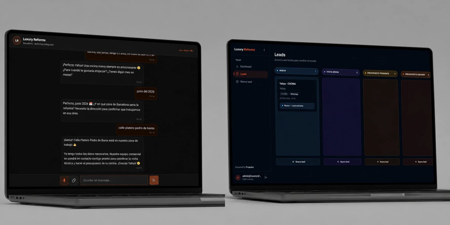 Portada del pack CRM + Chatbot para reformas: panel Kanban de leads y asistente automatizado para captación de clientes.
